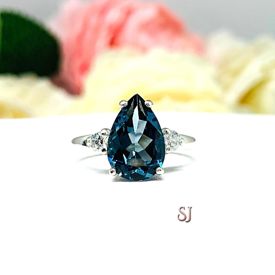 London Blue Topaz Pear Moissanite Ring - Sterling silver setting- Round moissanite side stones