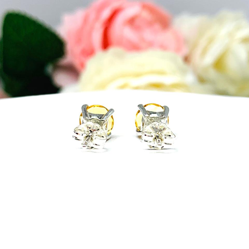 Round Golden Citrine Stud Earrings - 7mm natural gemstones - Sterling silver settings