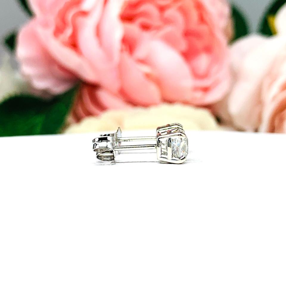 Old Mine Cut Moissanite Stud Earrings – 14k White Gold – 5mm Round – 1 Ct Total – Solid Gold Setting