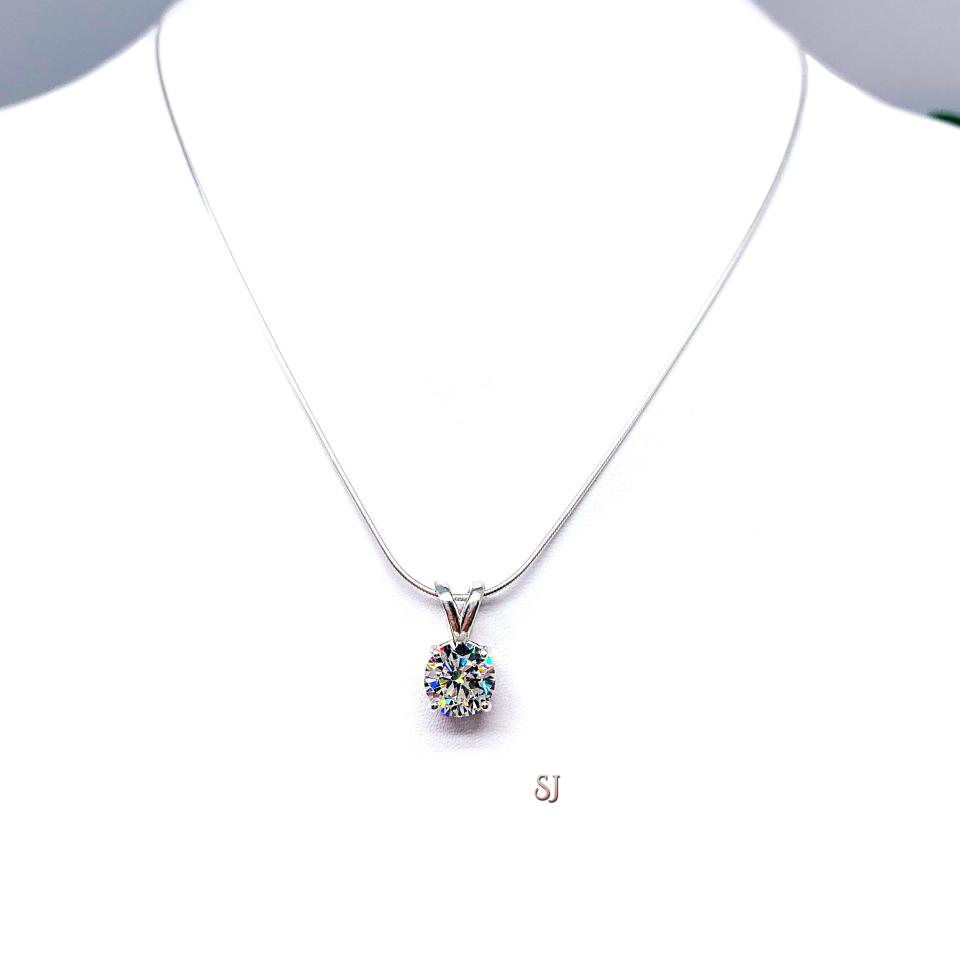 Round Brilliant CZ Pendant - Sterling silver necklace - Near colorless cubic zirconia in five size options -  Lotus flower design
