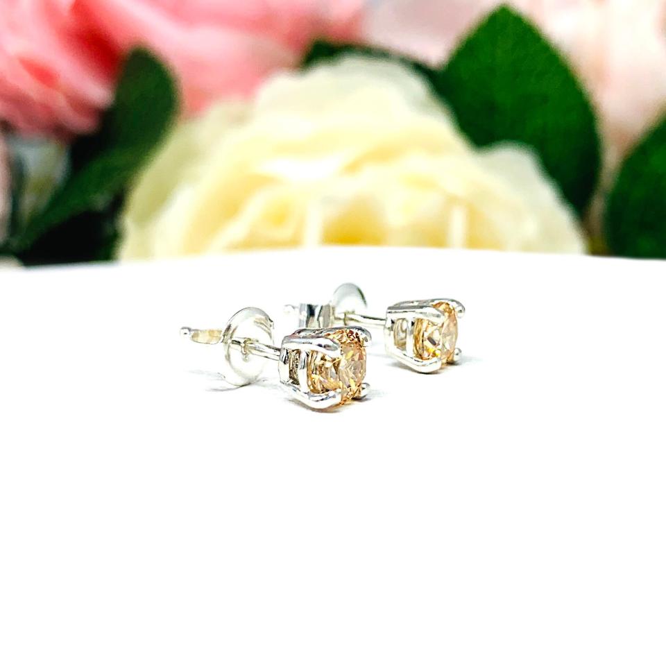 Round Light Champagne CZ Stud Earrings - 6A quality 5mm czs - Sterling silver basket settings
