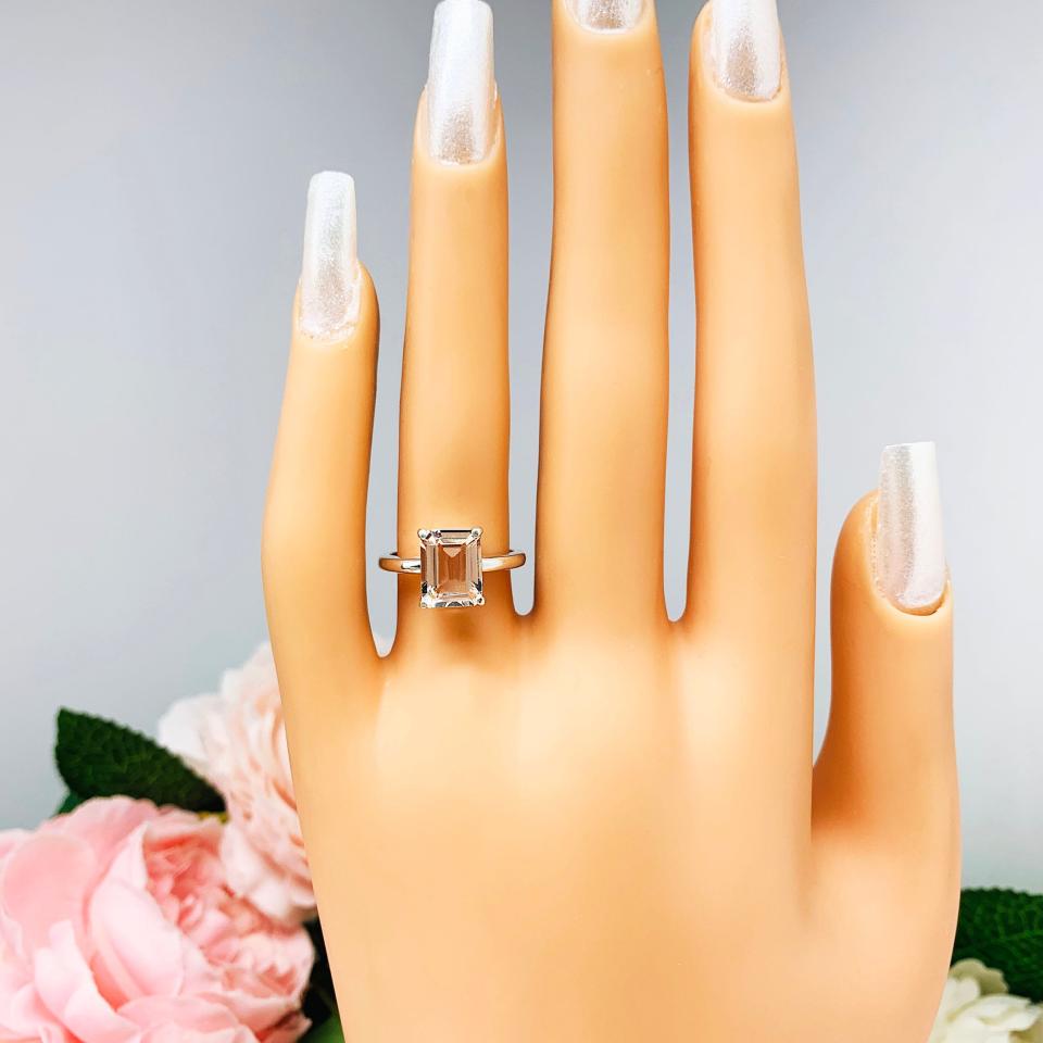 Emerald Cut Morganite Sterling Silver Ring Size 5 - Genuine 9x7mm peach gemstone
