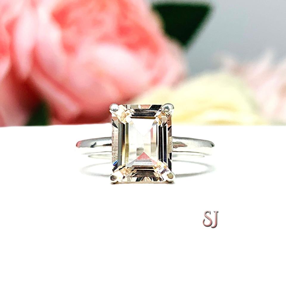 Emerald Cut Morganite Sterling Silver Ring Size 5 - Genuine 9x7mm peach gemstone