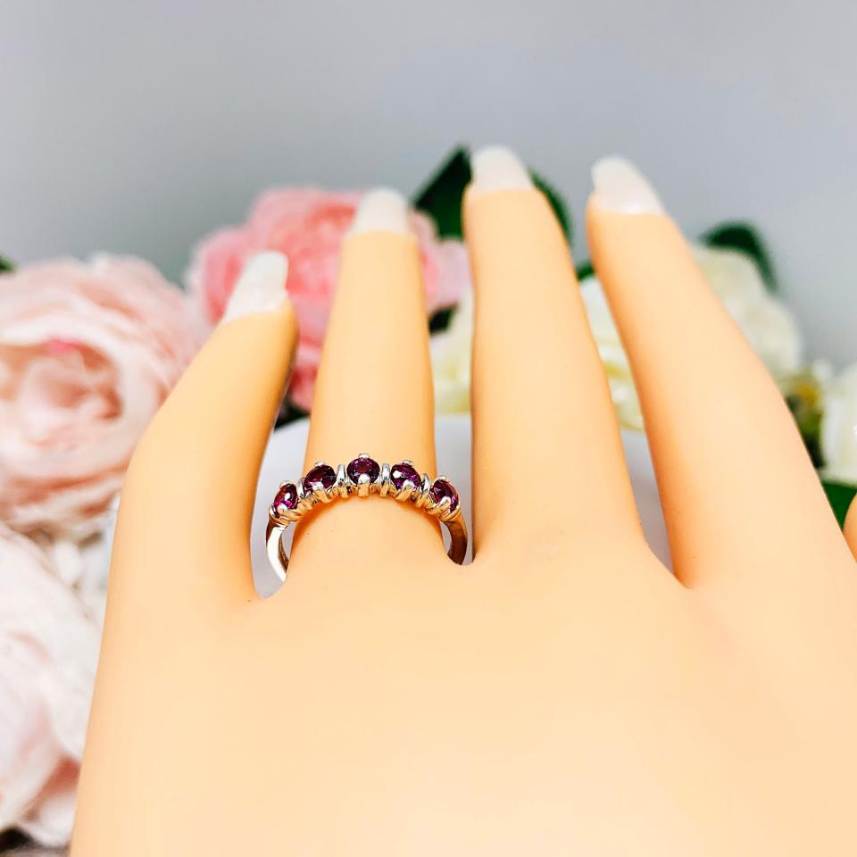Garnet Five Stone Ring Natural 3mm Round Sterling Silver Wine Color