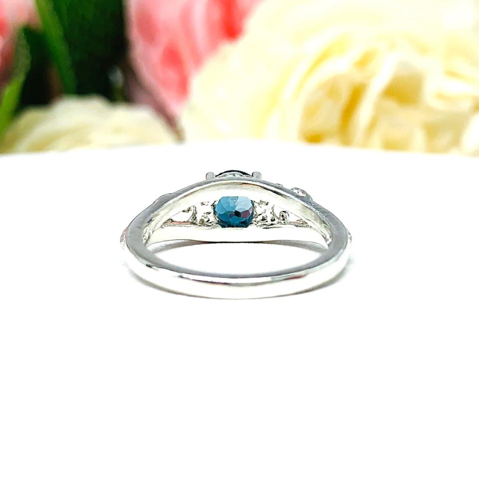 Genuine London Blue Topaz Sterling Silver Ring - 6mm round gemstone - Antique ornamental leaf design setting