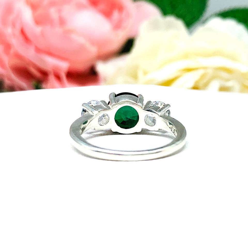 Round Lab Created Emerald 3 Stone Engagement Ring - CZ Side Stones - Sterling Silver