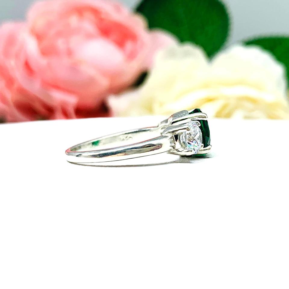 Round Lab Created Emerald 3 Stone Engagement Ring - CZ Side Stones - Sterling Silver
