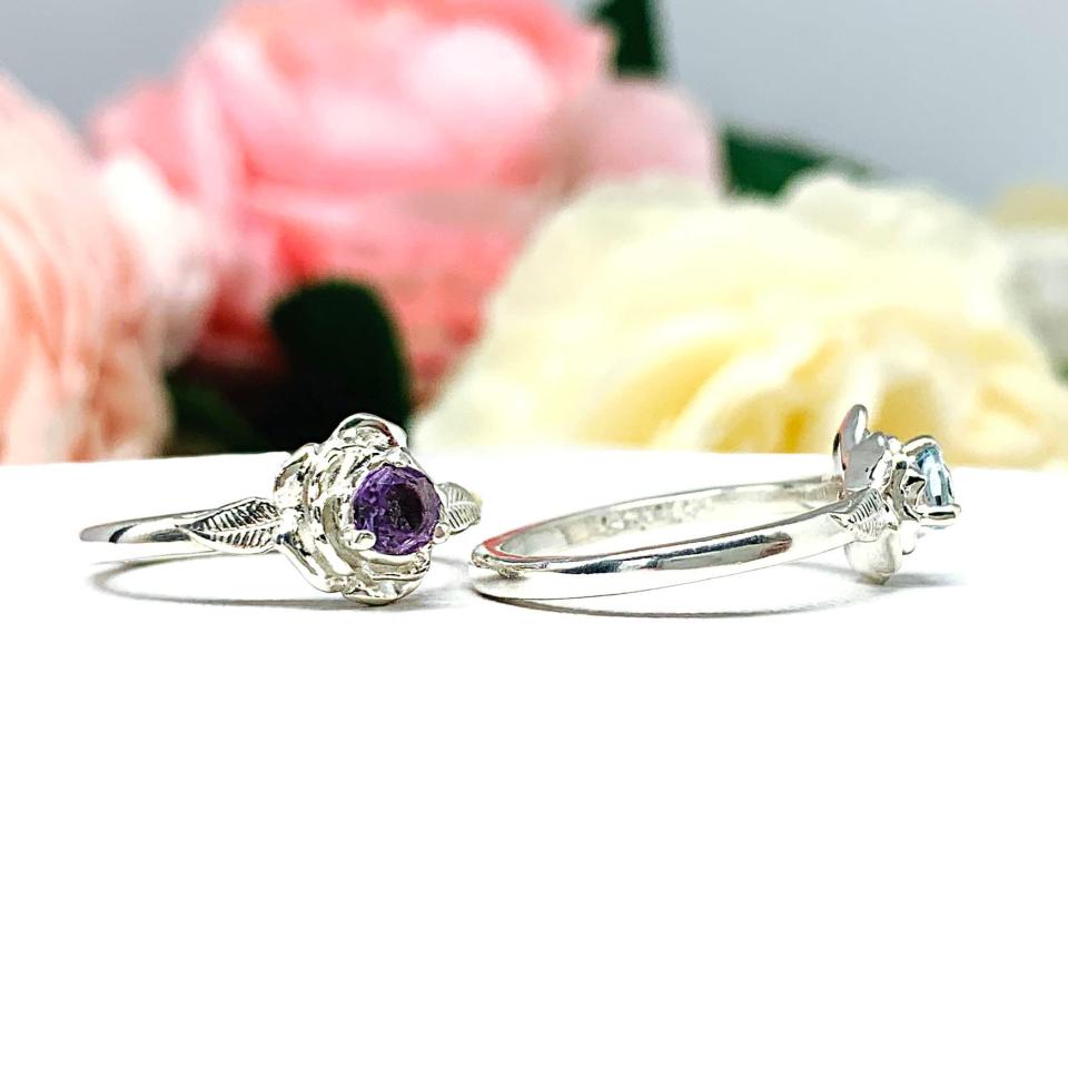 Birthstone Rose Solitaire Ring - 4mm round gemstones - Sterling silver setting