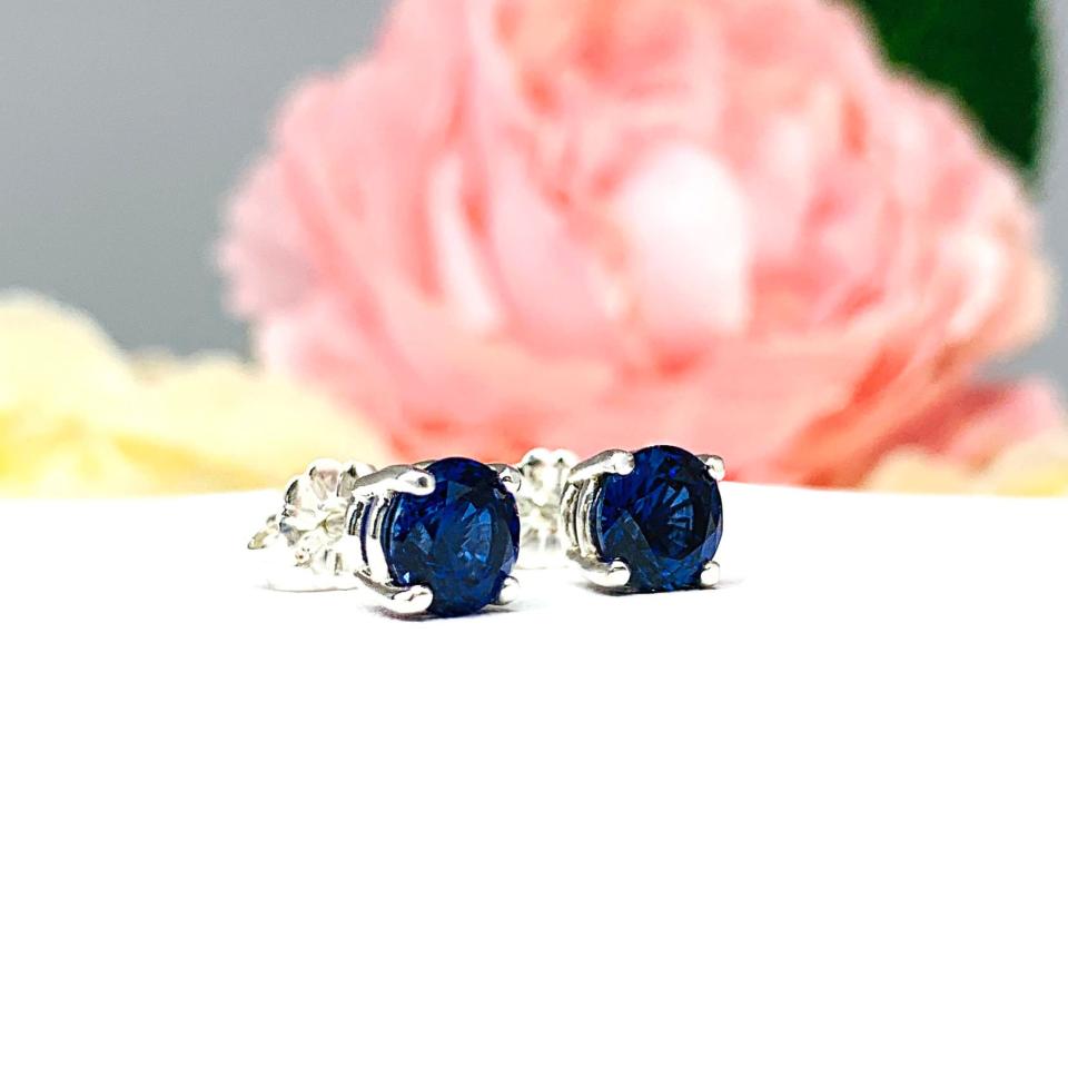 Round Lab Blue Sapphire September Birthstone Basket Stud Earrings