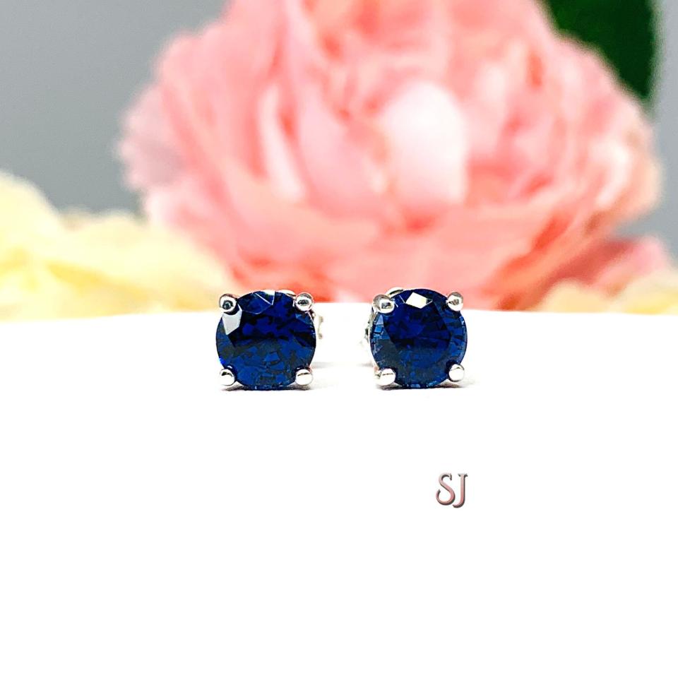 Round Lab Blue Sapphire September Birthstone Basket Stud Earrings