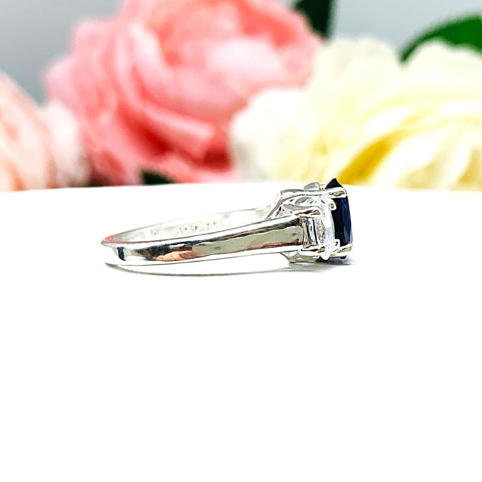 Lab Blue Sapphire CZ Oval Three Stone Ring