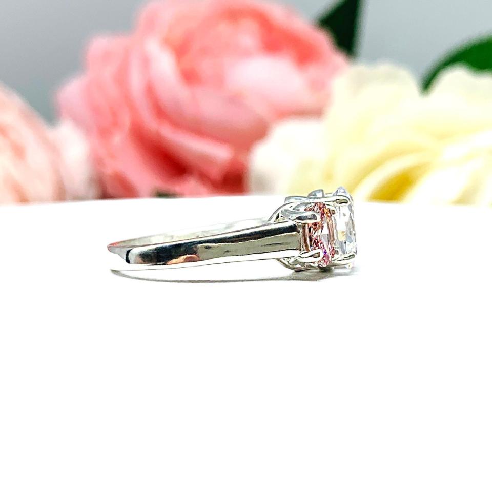 Swarovski Morganite Pink Oval CZ 3 Stone CZ Engagement Ring