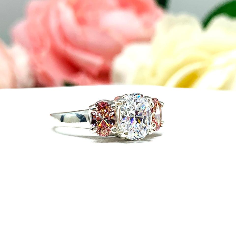 Swarovski Morganite Pink Oval CZ 3 Stone CZ Engagement Ring