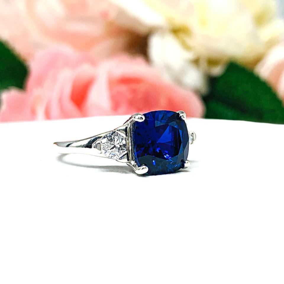 Lab Blue Sapphire Cushion Cut CZ Trillions Ring