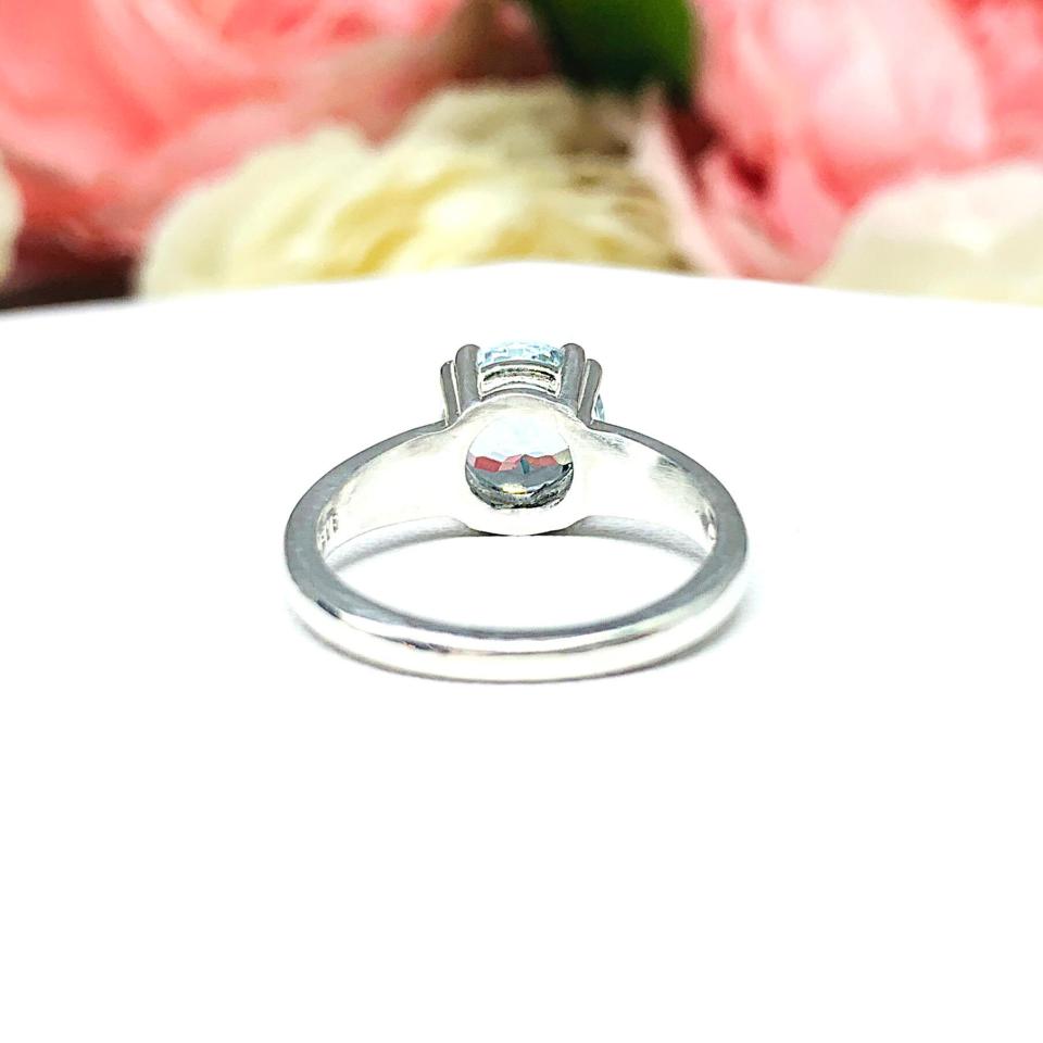 Genuine Aquamarine Solitaire Ring - 8mm round gemstone - Sterling silver double prong setting