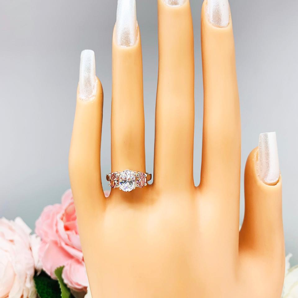 Swarovski Morganite Pink Oval CZ 3 Stone CZ Engagement Ring