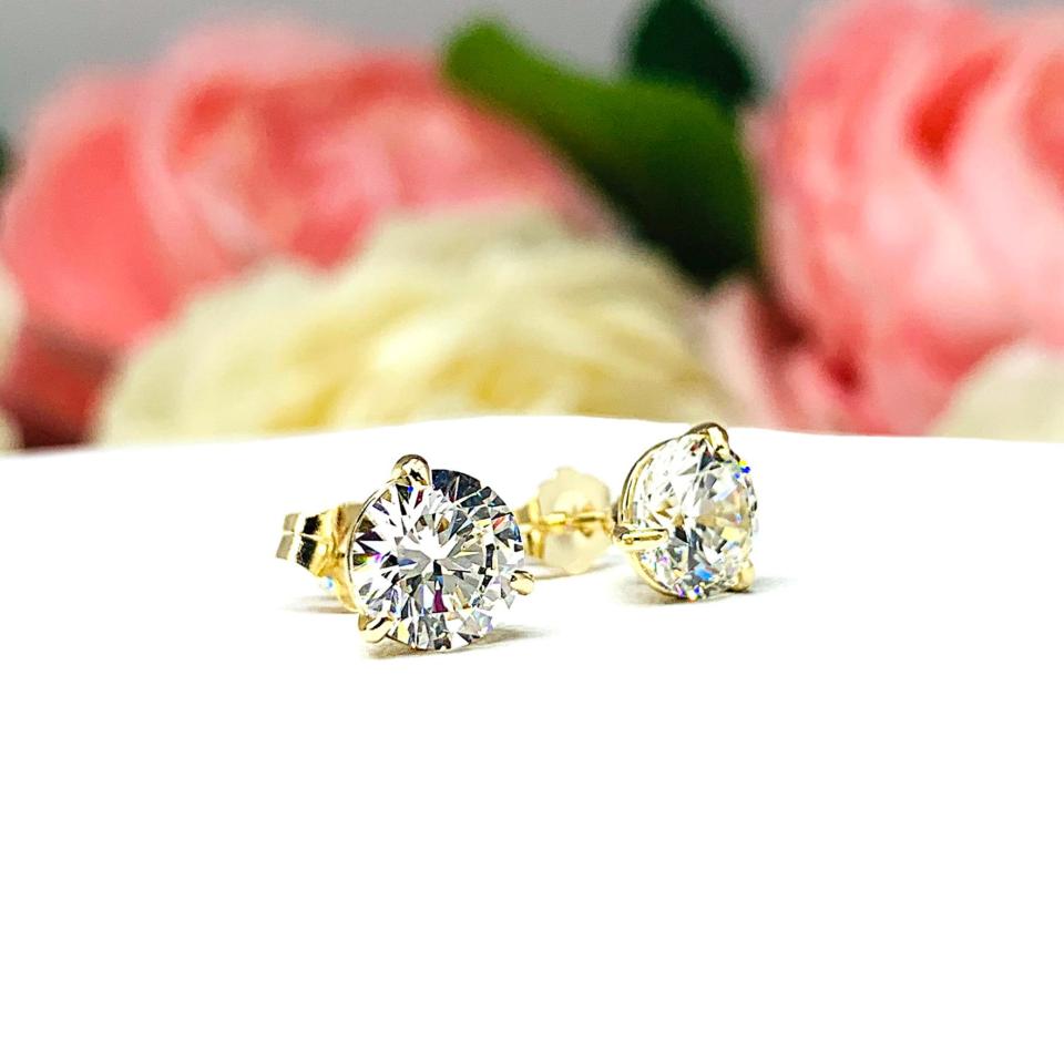 Round CZ Martini Gold Stud Earrings White or Near Colorless Cubic Zirconia