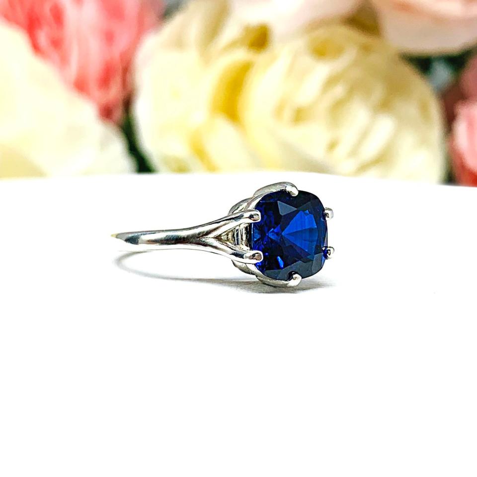 Lab Blue Sapphire 8mm Cushion Ring