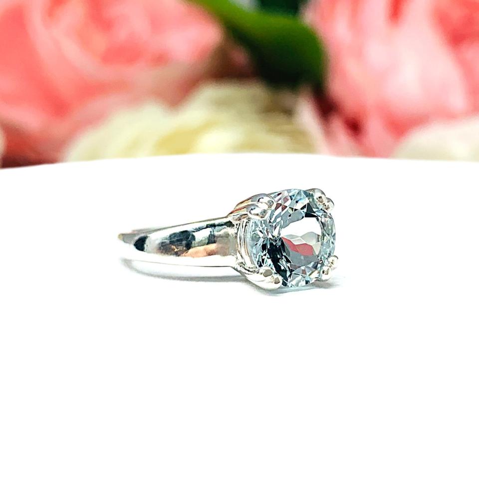 Genuine Aquamarine Solitaire Ring - 8mm round gemstone - Sterling silver double prong setting
