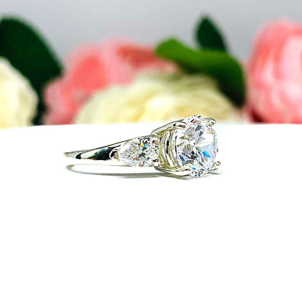 Round CZ Pear Three Stone Engagement Ring 8mm or 10mm Center