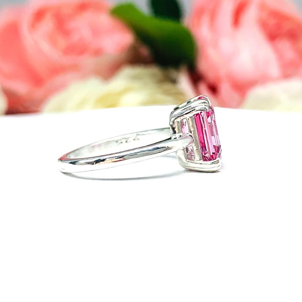 Lab Padparadscha Sapphire Emerald Cut Ring Sterling Silver Double Prong Size 6