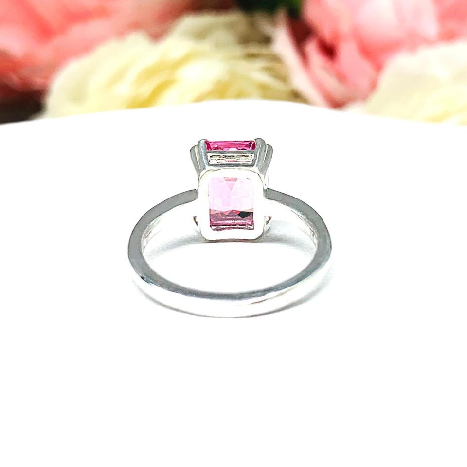 Lab Padparadscha Sapphire Emerald Cut Ring Sterling Silver Double Prong Size 6