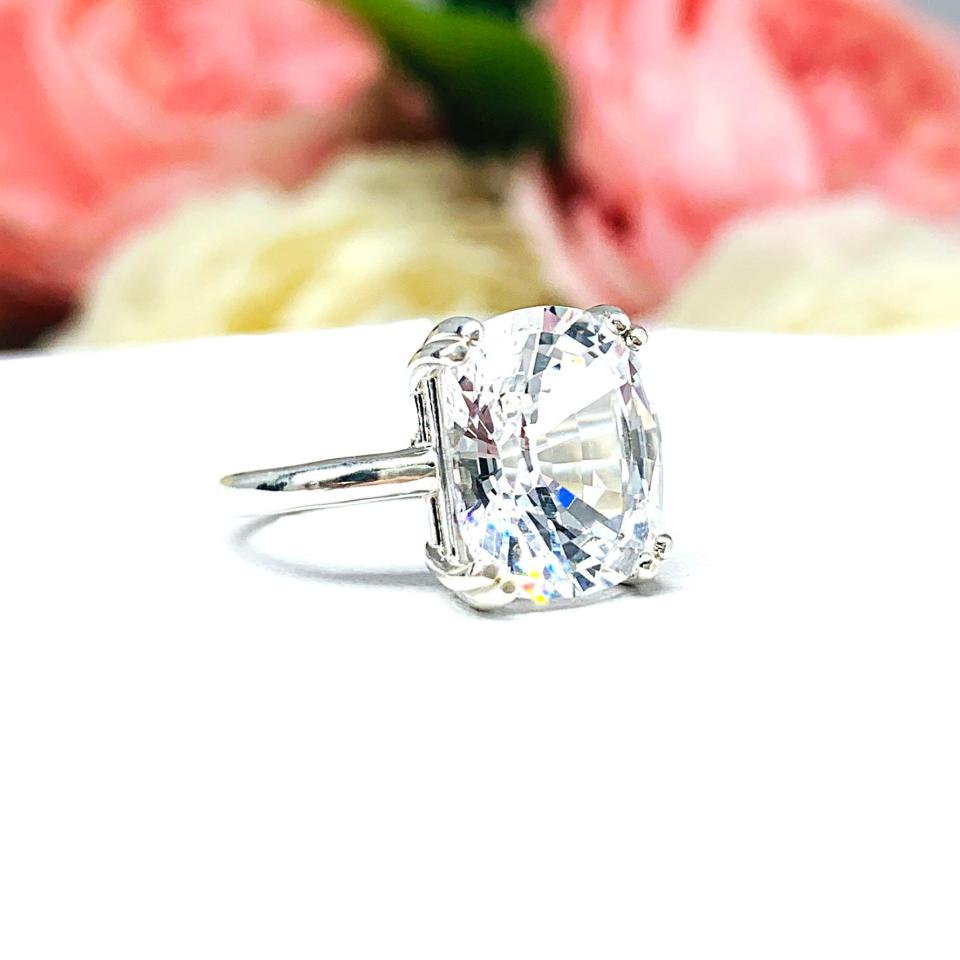 Lab White Sapphire Elongated Cushion 12x10mm Double Prong Ring Size 6