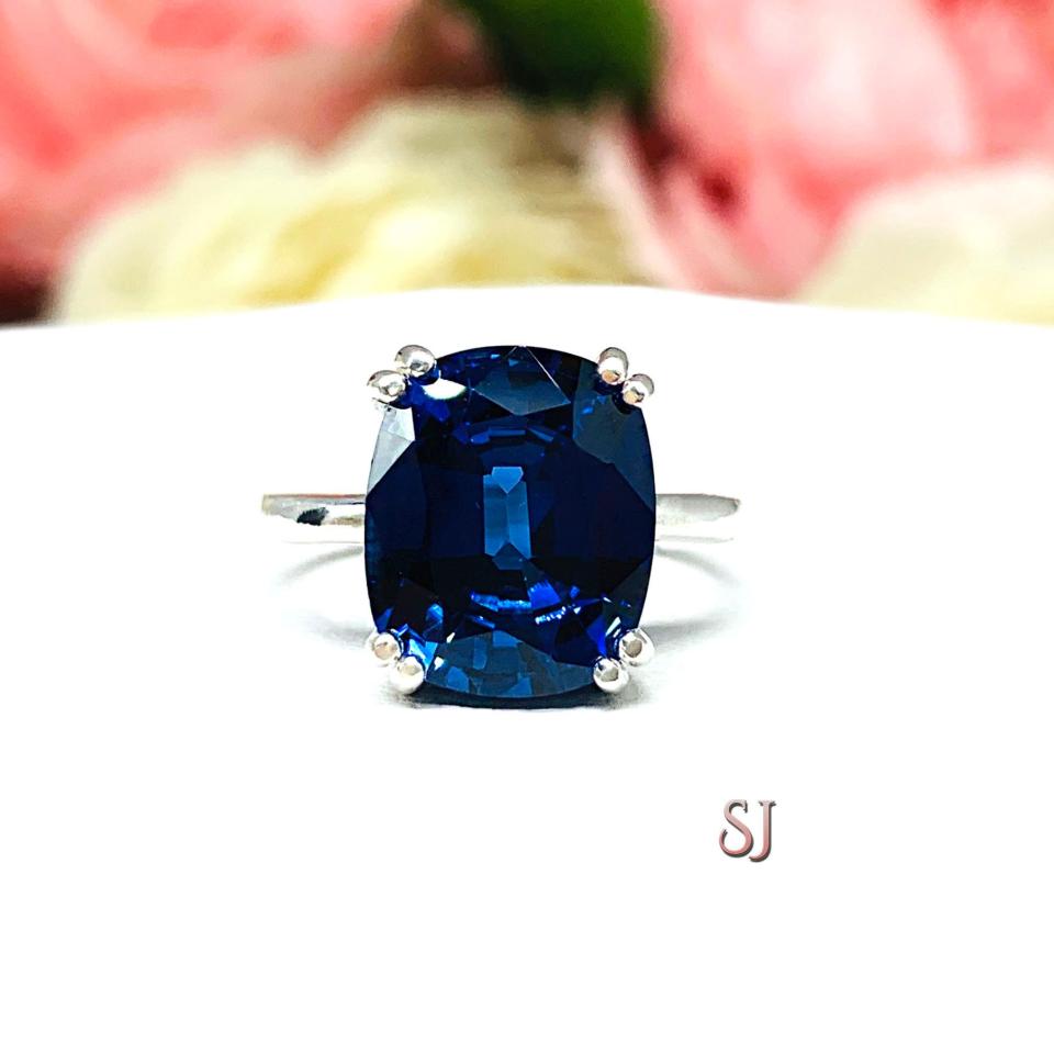 Lab Blue Sapphire Elongated Cushion Ring Double Prong 12x10mm Size 6