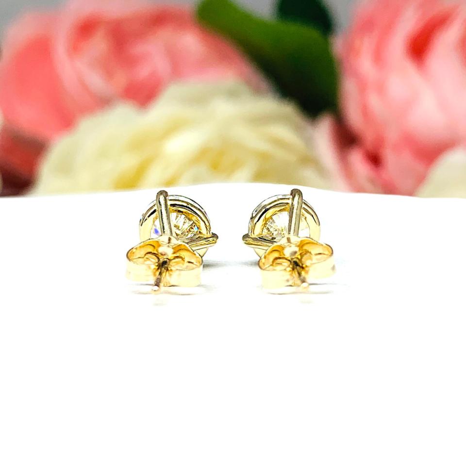 Round CZ Martini Gold Stud Earrings White or Near Colorless Cubic Zirconia