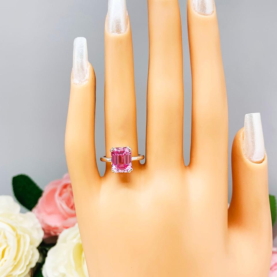 Lab Padparadscha Sapphire Emerald Cut Ring Sterling Silver Double Prong Size 6