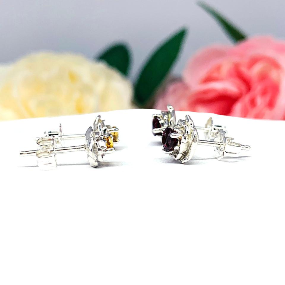 Birthstone Rose Sterling Silver Stud Earrings - 3mm or 4mm round gemstones
