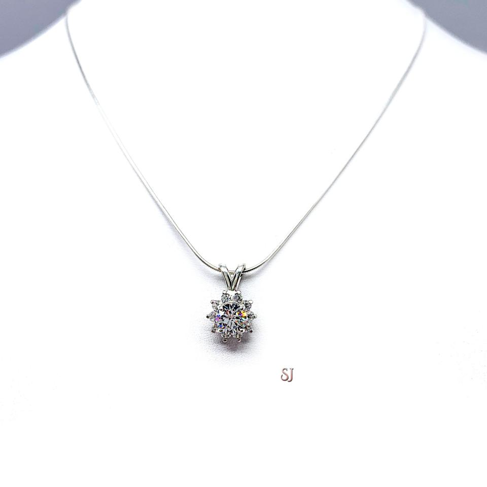 Round Cubic Zirconia Halo Pendant - Sterling silver necklace -  Three CZ sizes