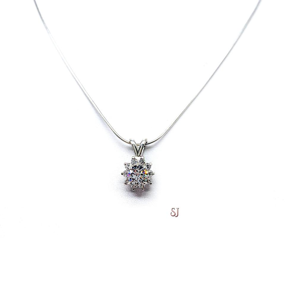 Round Cubic Zirconia Halo Pendant - Sterling silver necklace -  Three CZ sizes