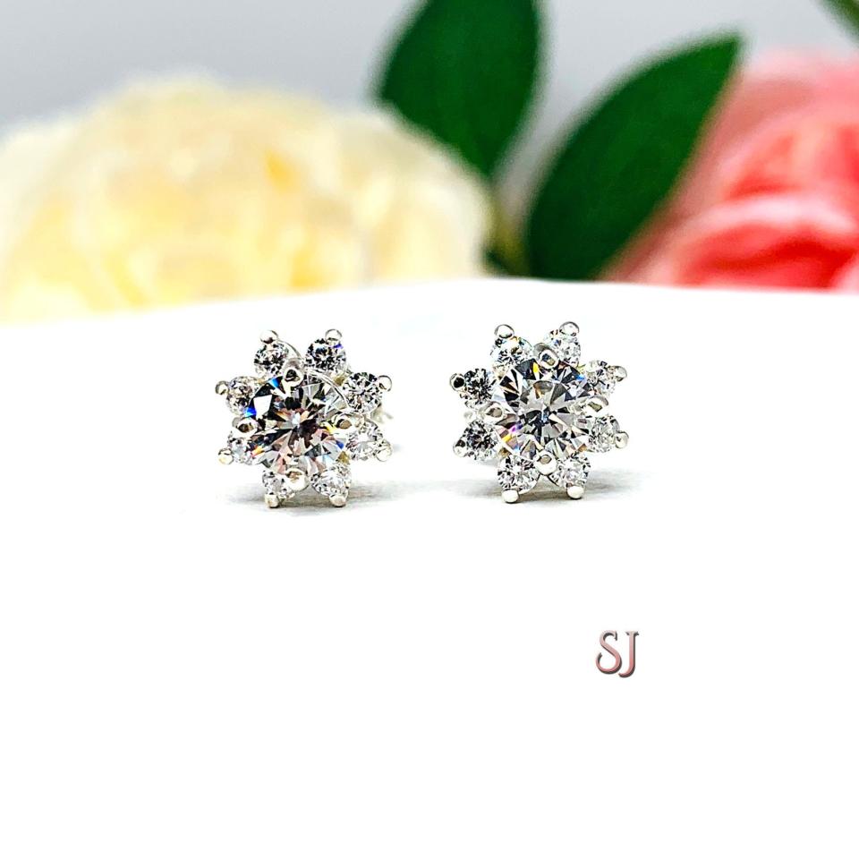Round CZ Halo Sterling Silver Stud Earrings