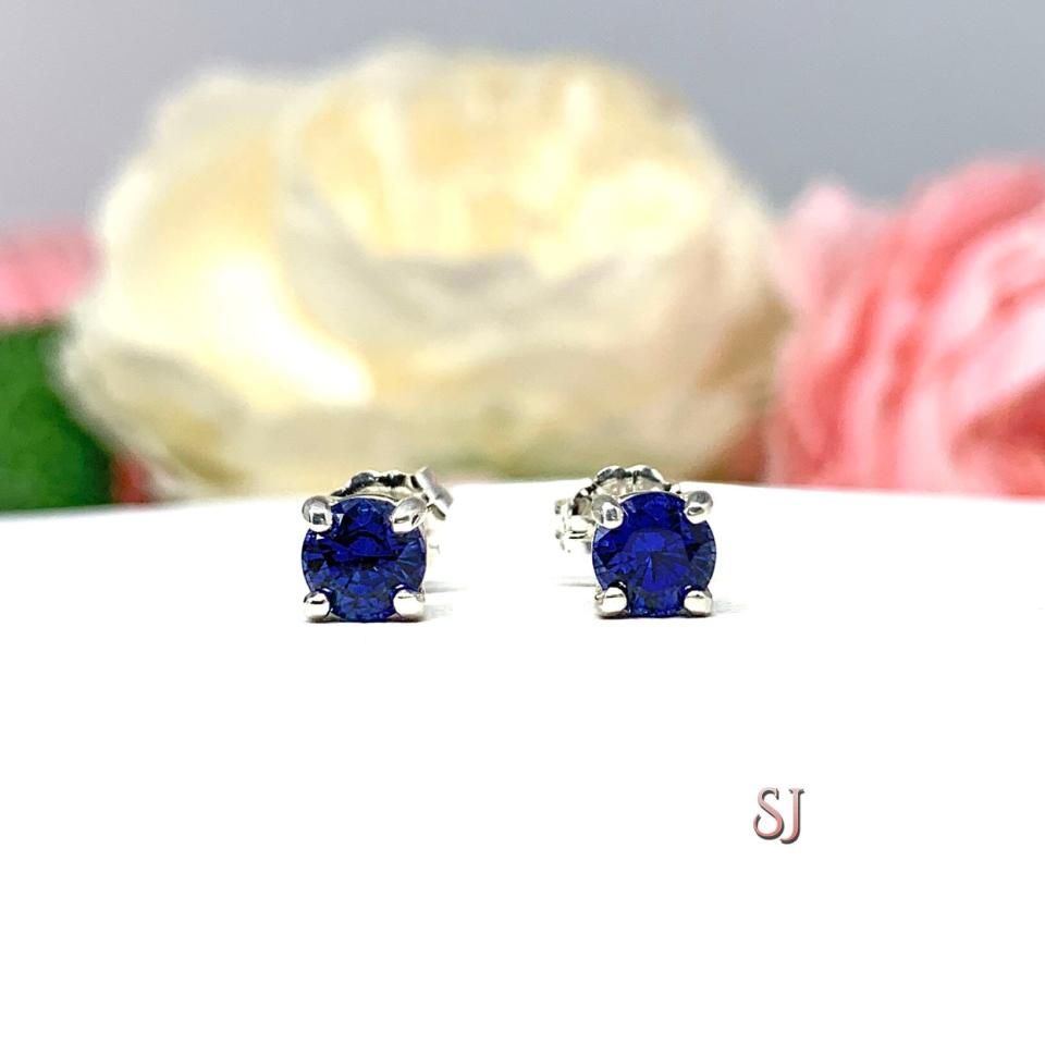 Round Lab Blue Sapphire September Birthstone Basket Stud Earrings