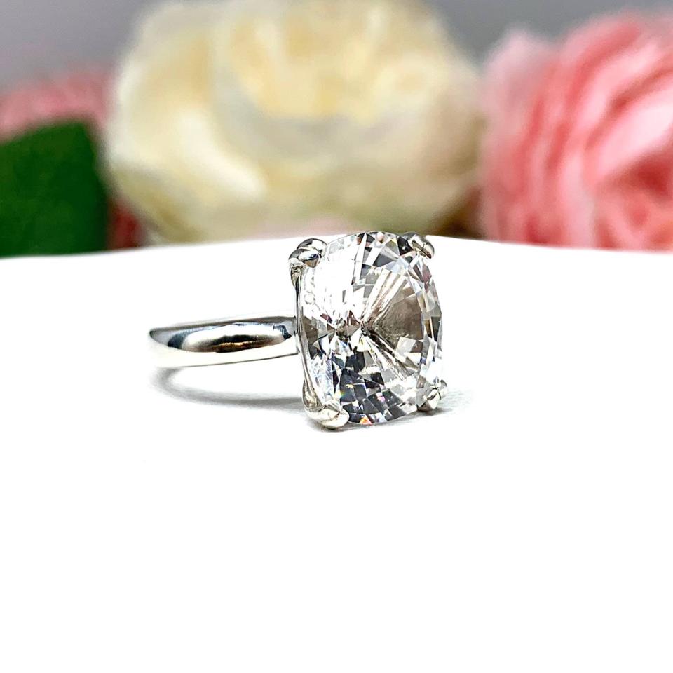 Lab White Sapphire Elongated Cushion Engagement Ring 12x10mm Wide Band