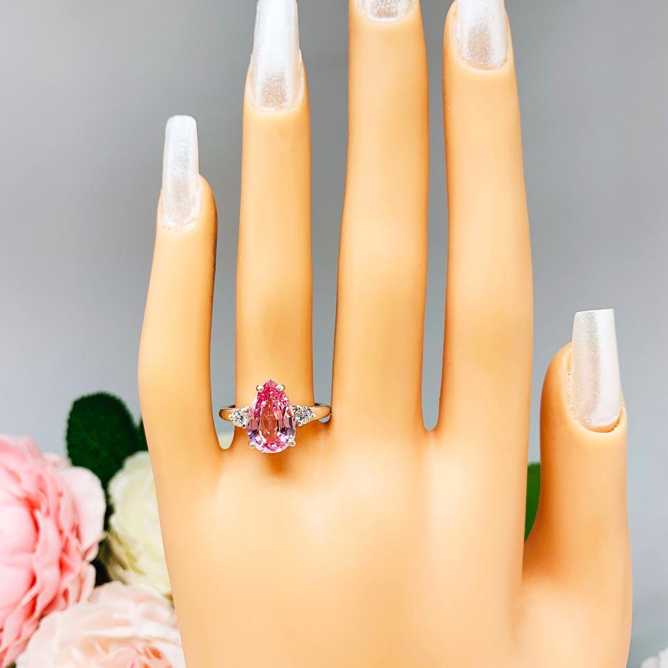 Lab Padparadscha Pink Sapphire Pear Ring Round CZ Accents