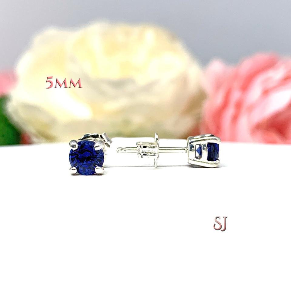 Round Lab Blue Sapphire September Birthstone Basket Stud Earrings