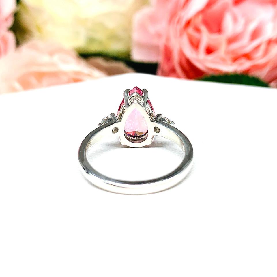 Lab Padparadscha Pink Sapphire Pear Ring Round CZ Accents