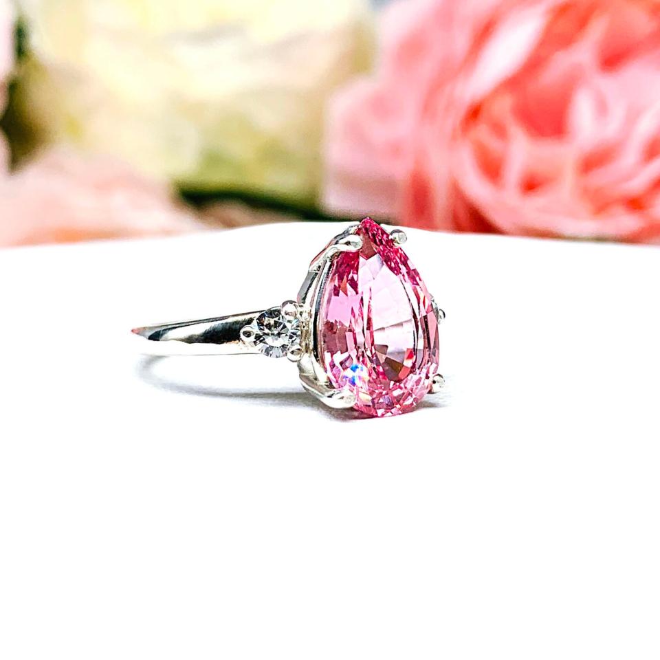Lab Padparadscha Pink Sapphire Pear Ring Round CZ Accents