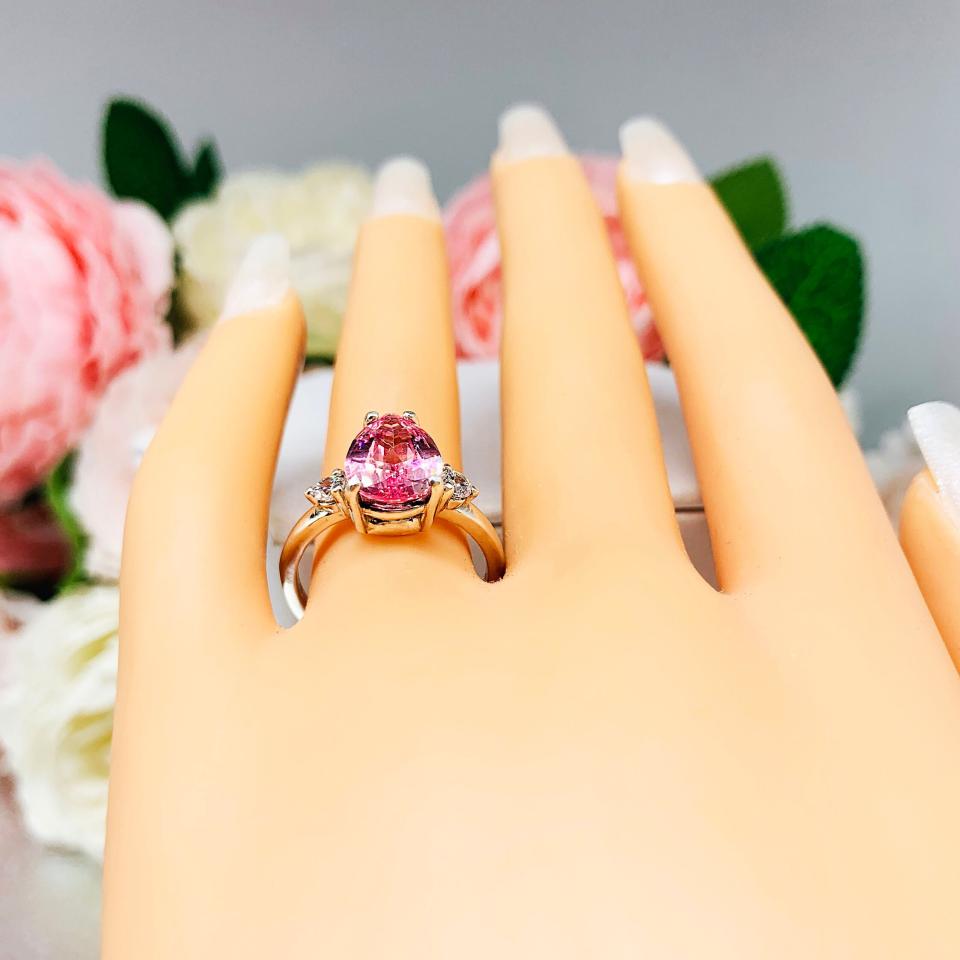 Lab Padparadscha Pink Sapphire Pear Ring Round CZ Accents