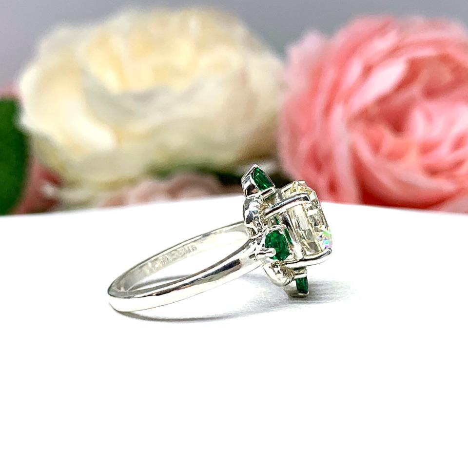 Round CZ Lab Created Emerald Engagement Ring - Round Brilliant - Old European Cut - Art Deco - Sterling Silver