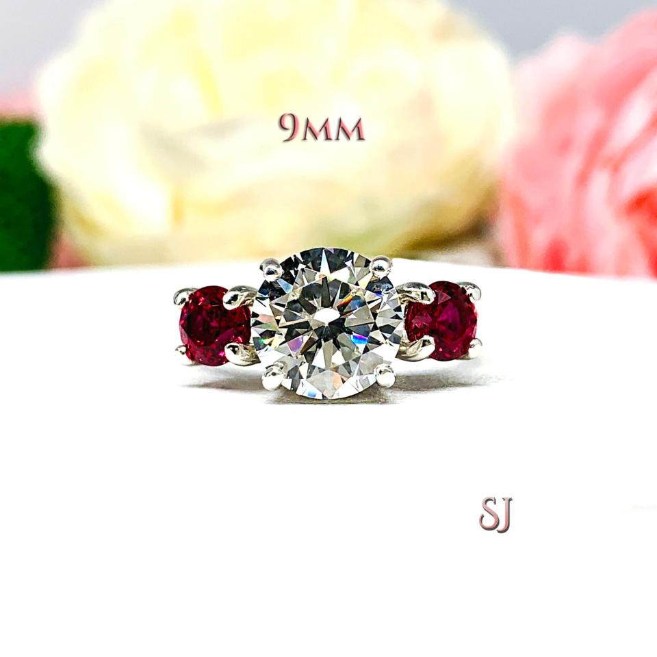 Round CZ Lab Ruby 3 Stone Engagement Ring
