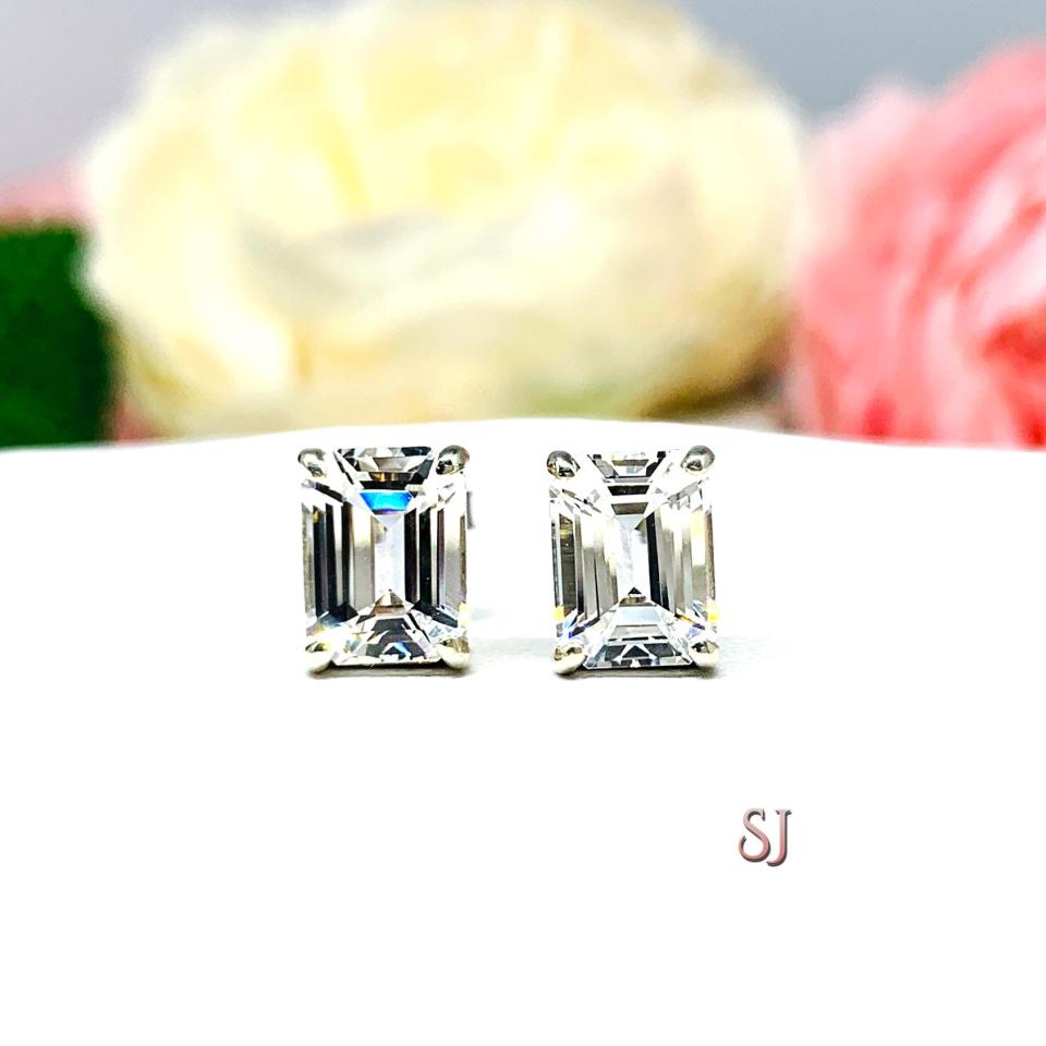 Lab White Sapphire Emerald Cut Stud Earrings