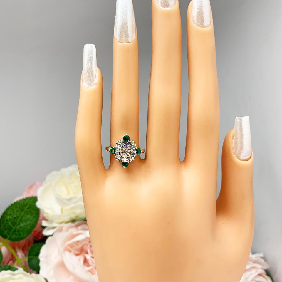 Round CZ Lab Created Emerald Engagement Ring - Round Brilliant - Old European Cut - Art Deco - Sterling Silver