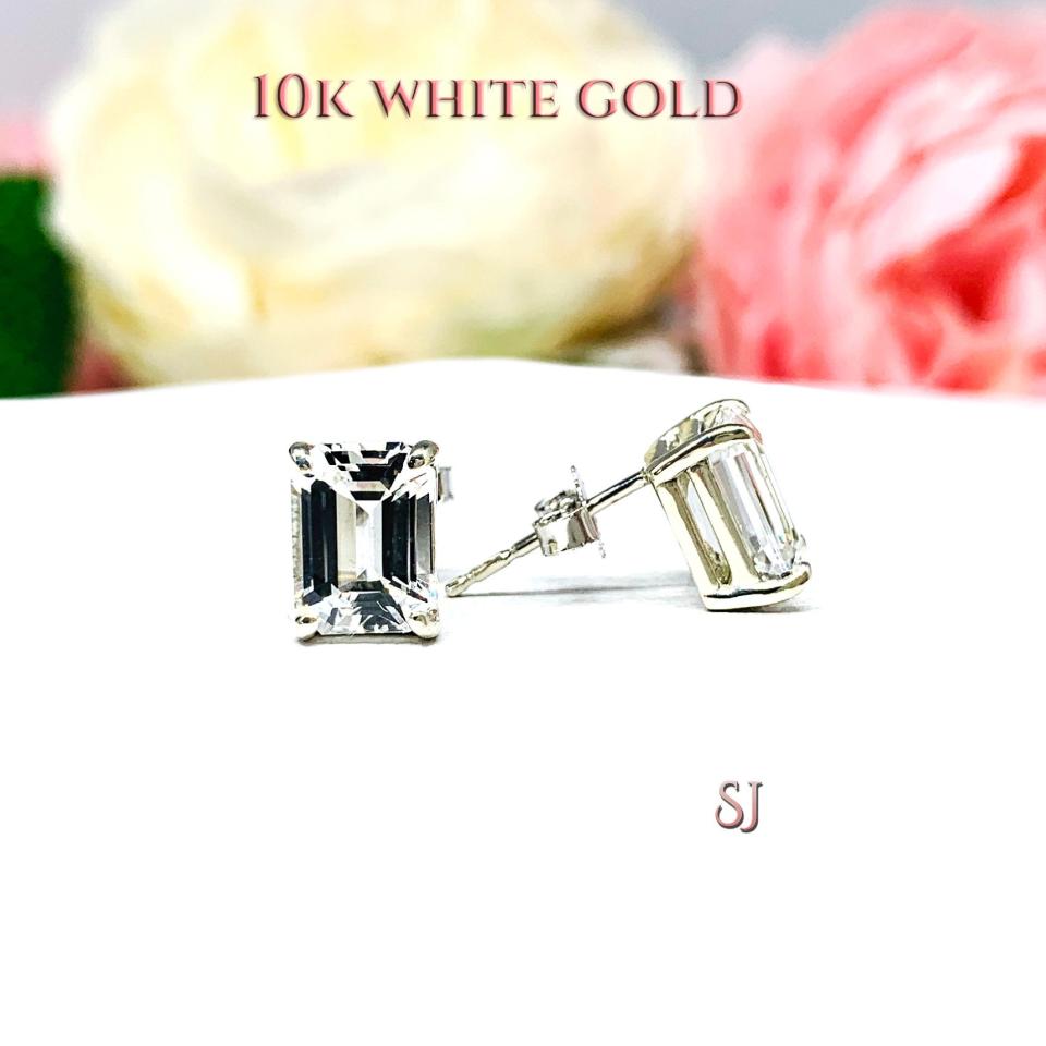 Lab White Sapphire Emerald Cut Stud Earrings