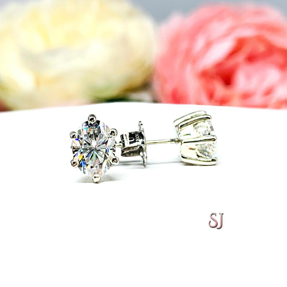 Oval Moissanite Stud Earrings - 10k Gold Six Prong settings - Authentic moissanites