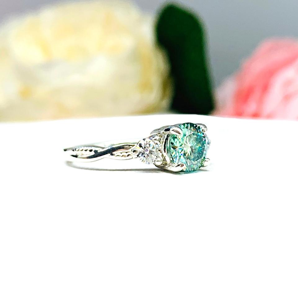 Round Seafoam Green Moissanite Three Stone Sterling Silver Milgrain Twist Ring