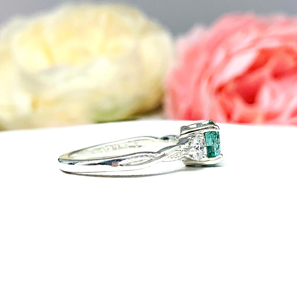 Round Seafoam Green Moissanite Three Stone Sterling Silver Milgrain Twist Ring