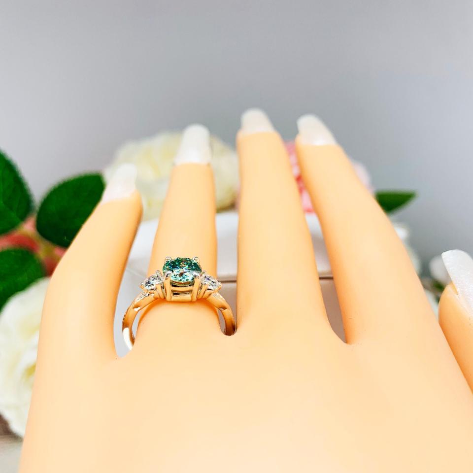 Round Seafoam Green Moissanite 3 Stone Sterling Silver Ring Milgrain Twist Authentic